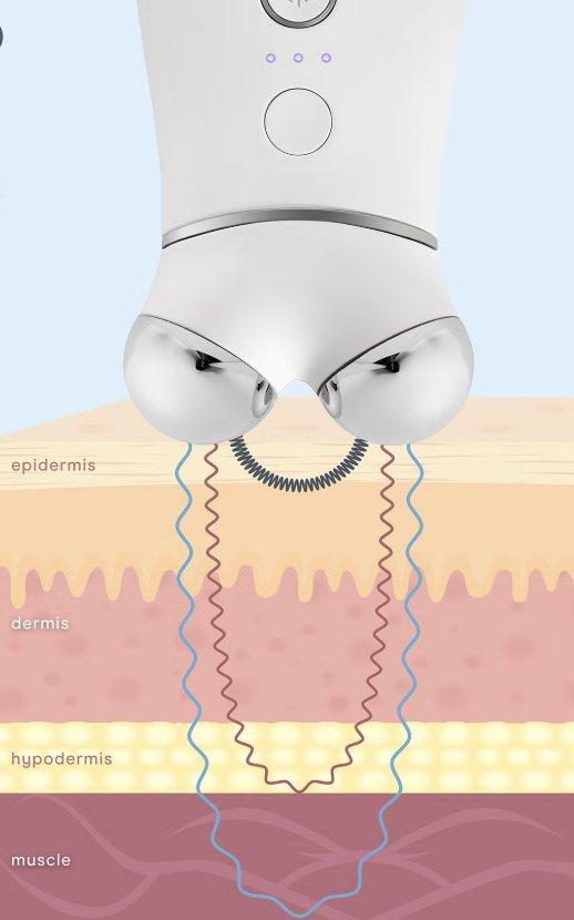Visual de NuFACE: la microcorriente circula entre las dos esferas a través de la epidermis, la dermis, la hipodermis y el músculo